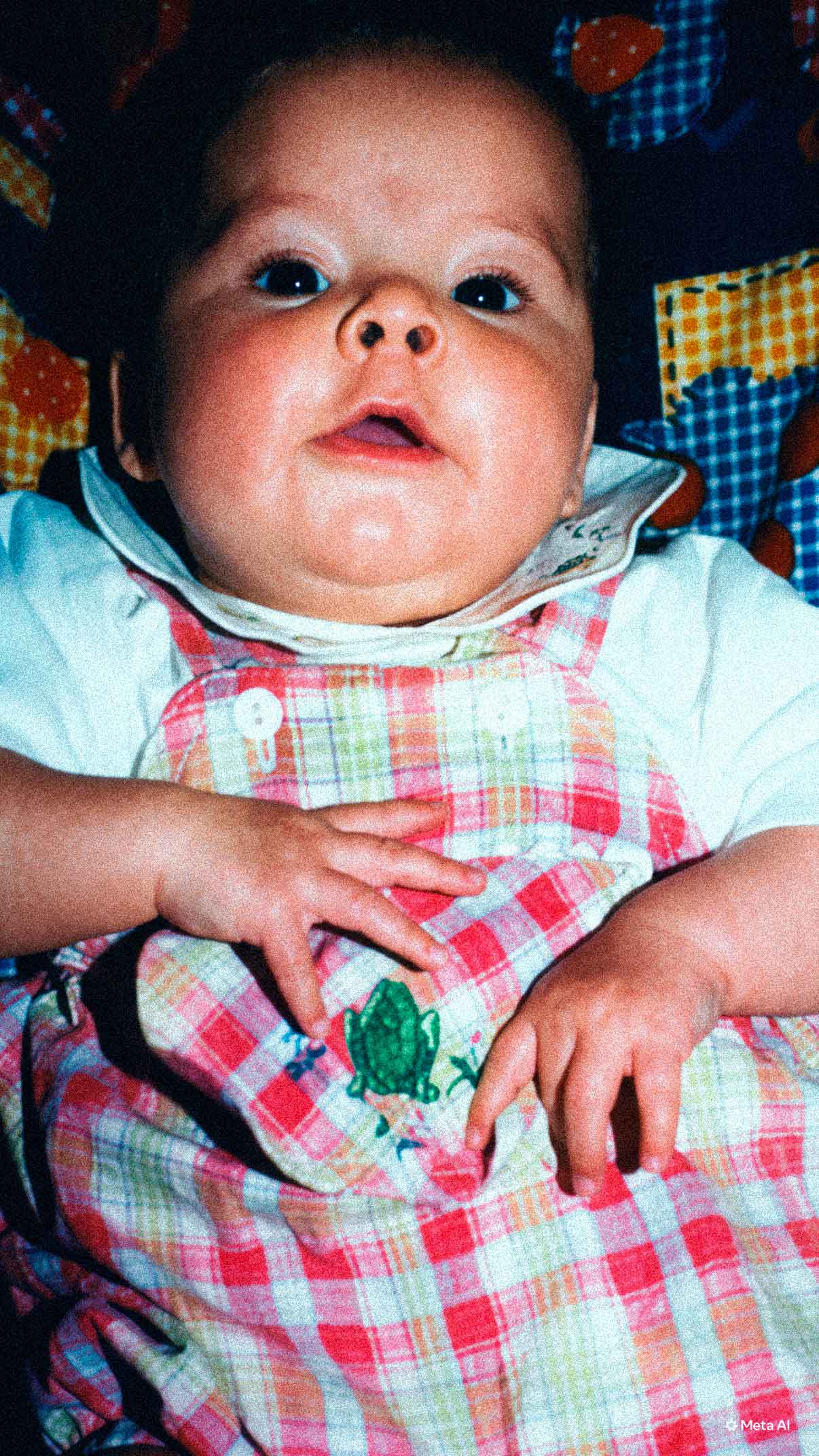 Léna bébé, allongée dans une tenue à carreaux
