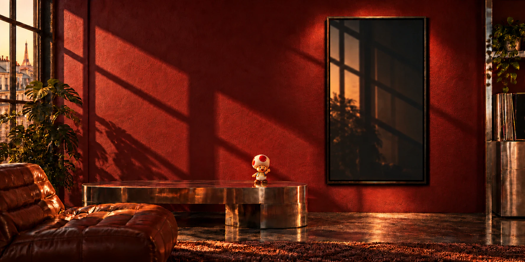Un salon aux murs rouges, éclairé par le soleil, avec Toad sur la table basse et un écran vertical intégré au décor.