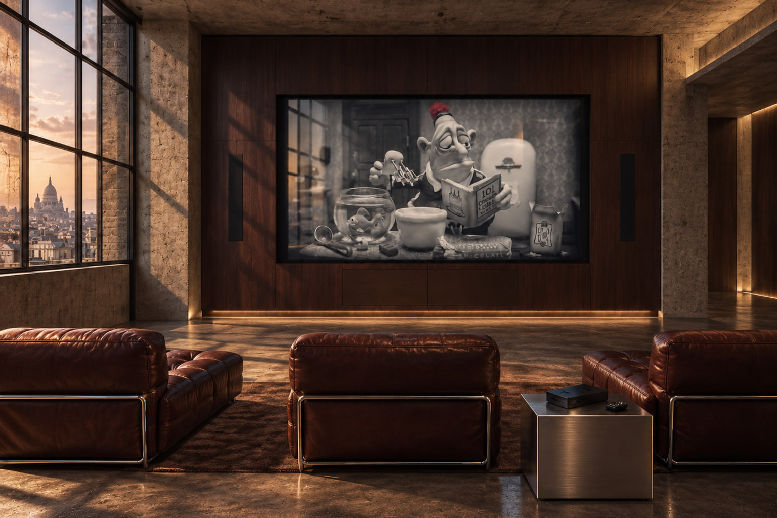 Une salle de projection privée, avec trois fauteuils en cuir face à un film d’animation sur l’écran.