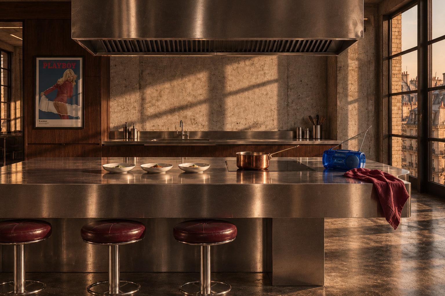 Une cuisine de chef en acier, avec trois assiettes, une casserole et une radio bleue.