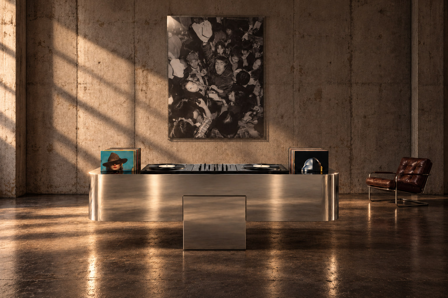 Une console DJ sculpturale en acier poli, présentée dans une grande pièce parisienne lumineuse.