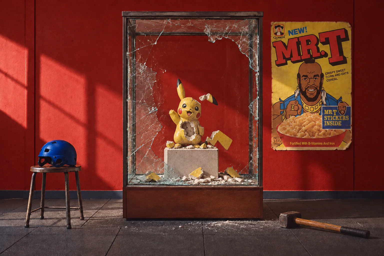 Une vitrine brisée autour d’un Pikachu, avec un casque et une masse.