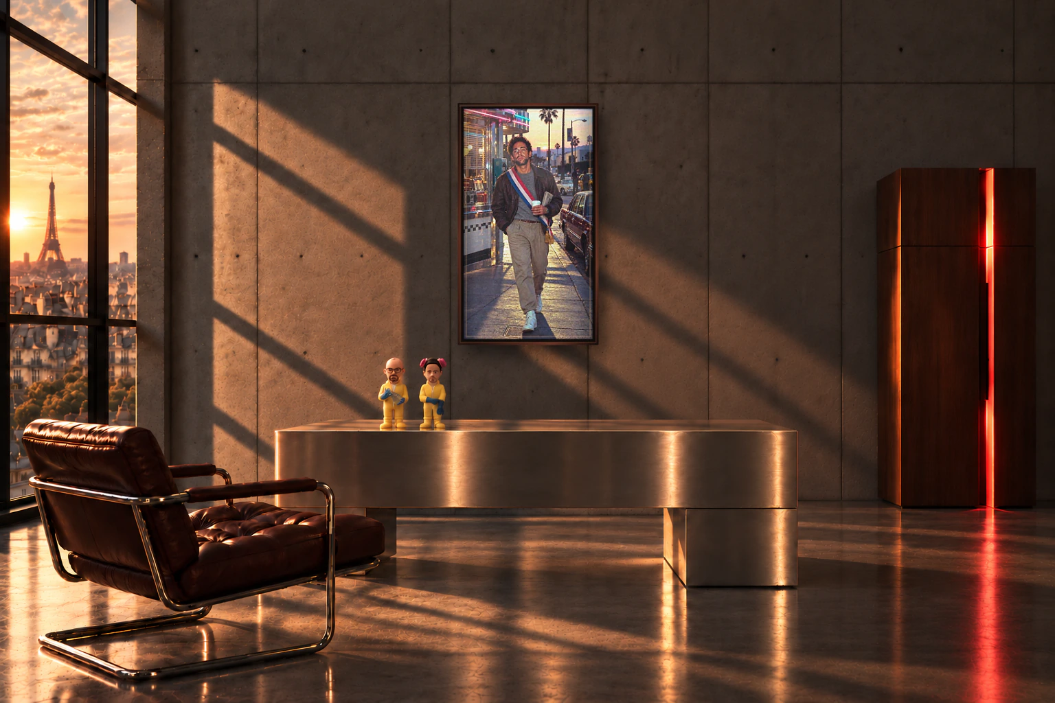 Un bureau métallique, un fauteuil en cuir, deux figurines jaunes et le portrait Moi Président sous verre dans un intérieur parisien éclairé par le soleil.
