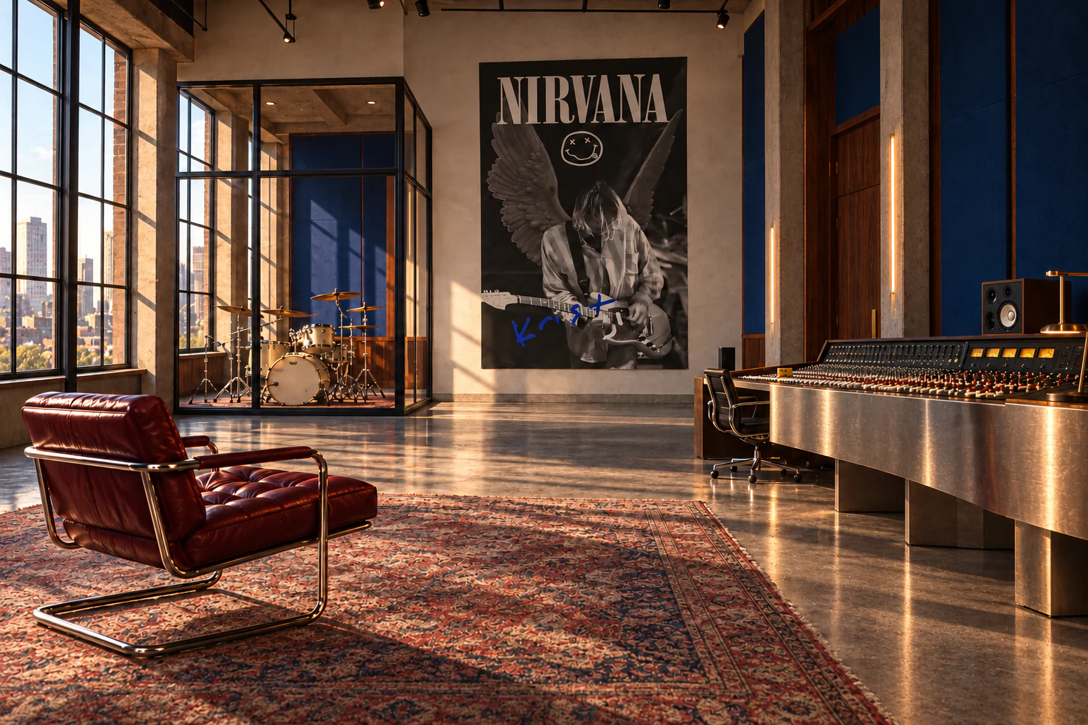 Un studio de musique avec batterie, console de mixage et portrait de Kurt Cobain.